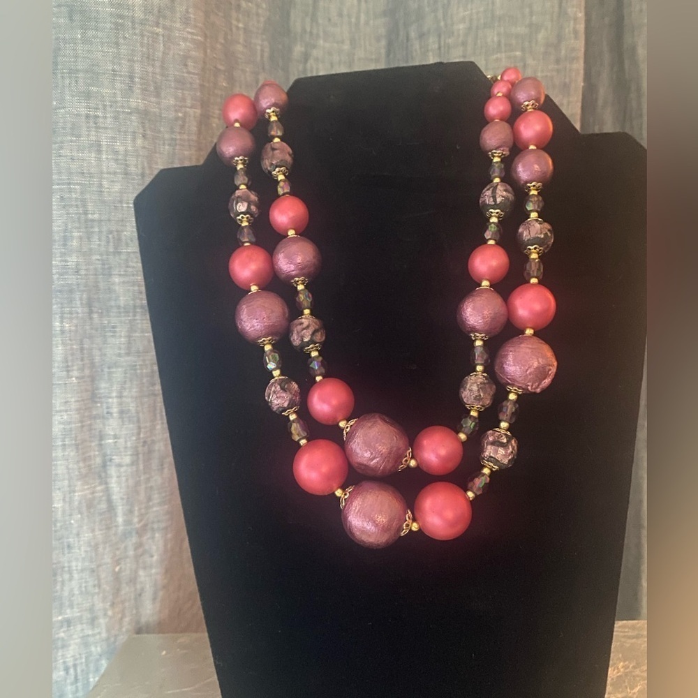 Vintage Style Beaded Statement Necklace & Hoop Earrings Set‎ Purple & Pink